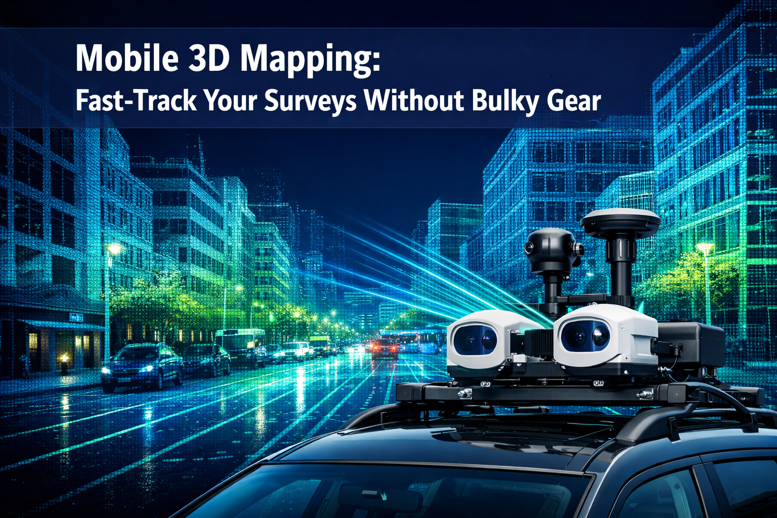 Professional landscape format (1536x1024) hero image featuring bold text overlay 'Mobile 3D Mapping: Fast-Track Your Surveys Without Bulky G