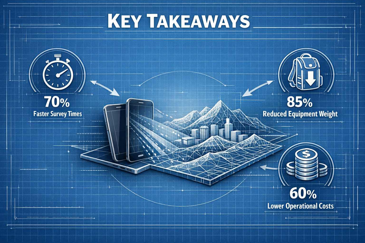 Infographic-style visual for 'Key Takeaways' section illustrating mobile 3D mapping technology's efficiency. Central graphic showing compact