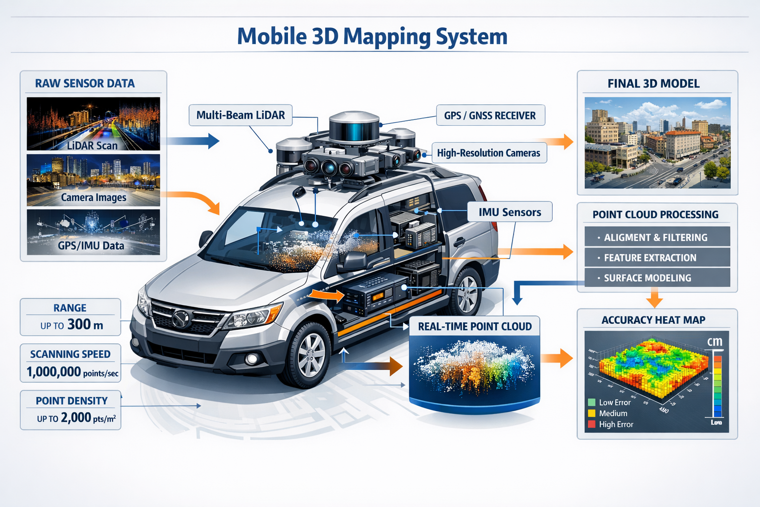 Detailed landscape format (1536x1024) technical infographic displaying mobile 3D mapping system components and workflow. Central vehicle ill