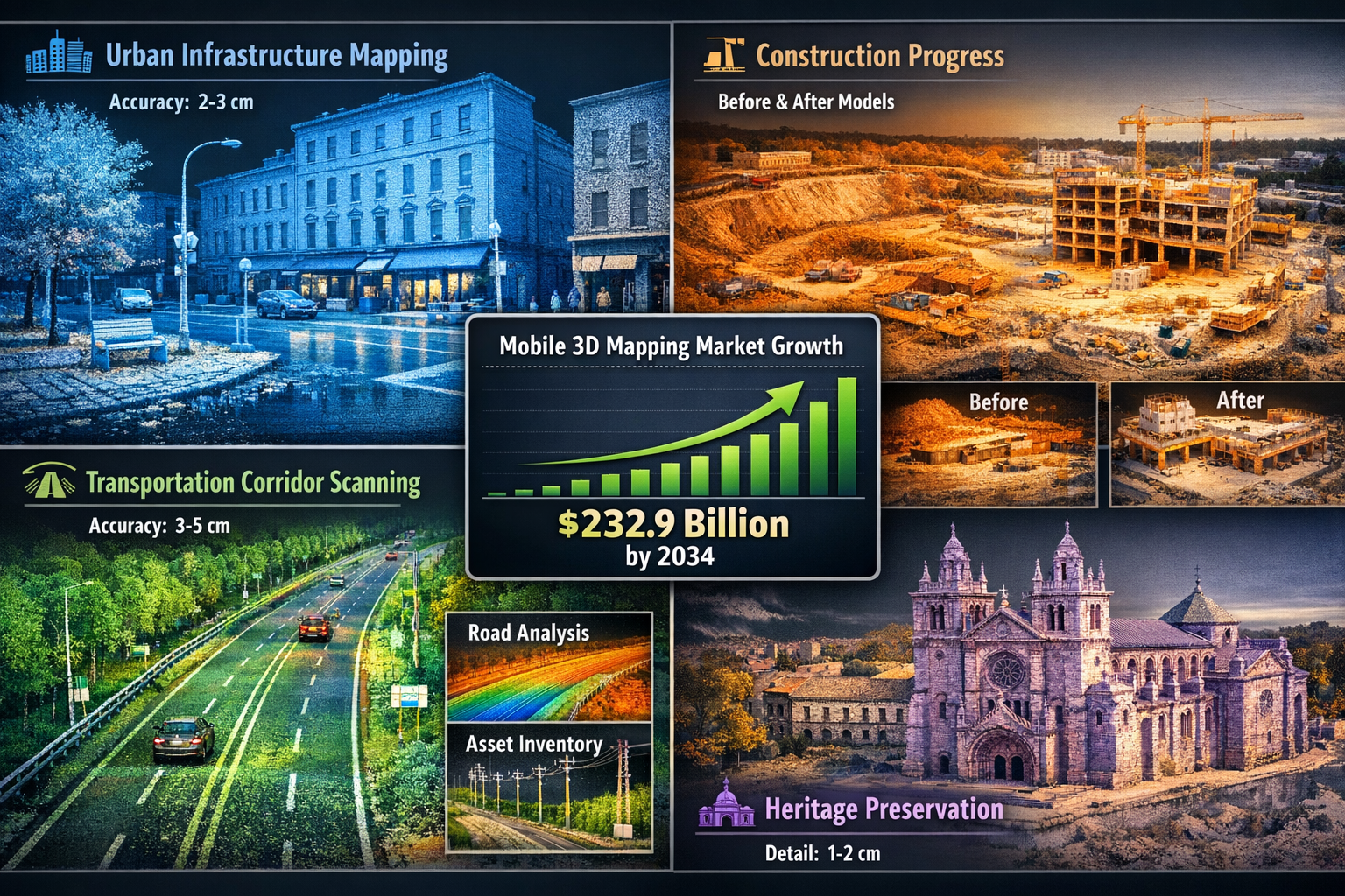 Detailed landscape format (1536x1024) image showcasing diverse real-world mobile 3D mapping applications across multiple industries. Quadran