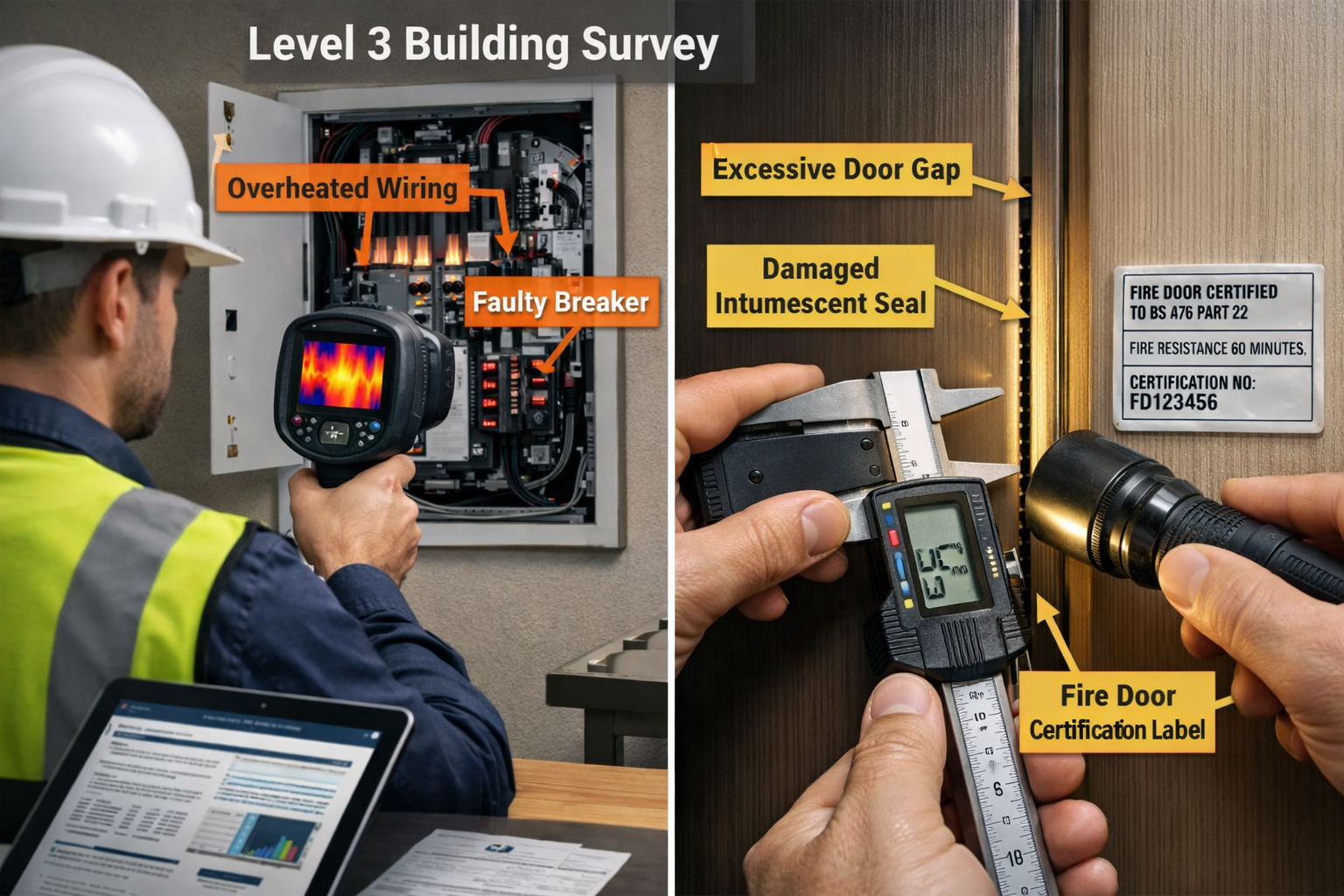 () split-screen composition showing Level 3 building survey in action: left side displays surveyor using advanced thermal