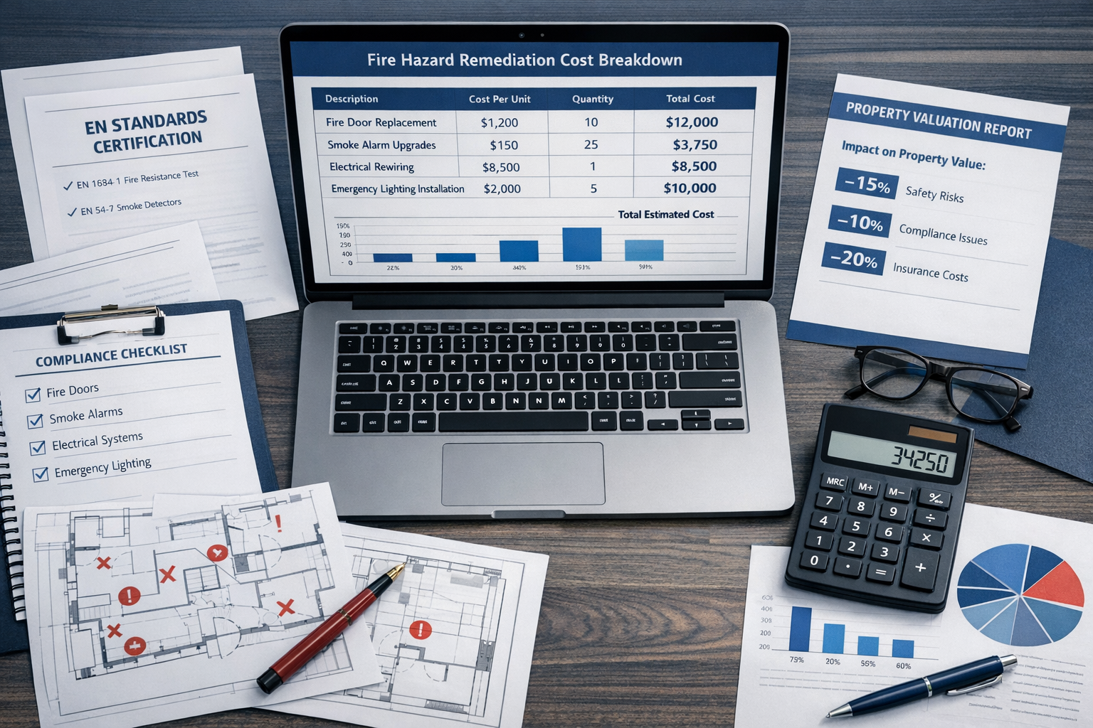 () professional desk scene showing fire hazard remediation cost breakdown spreadsheet on laptop screen with itemized line