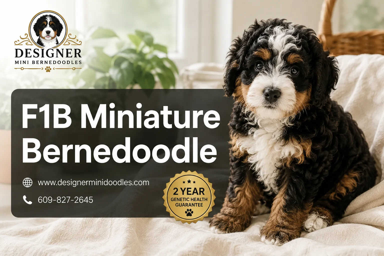 Professional () editorial hero image with 'F1B Miniature Bernedoodle' in crisp white modern on a semi-transparent charcoal