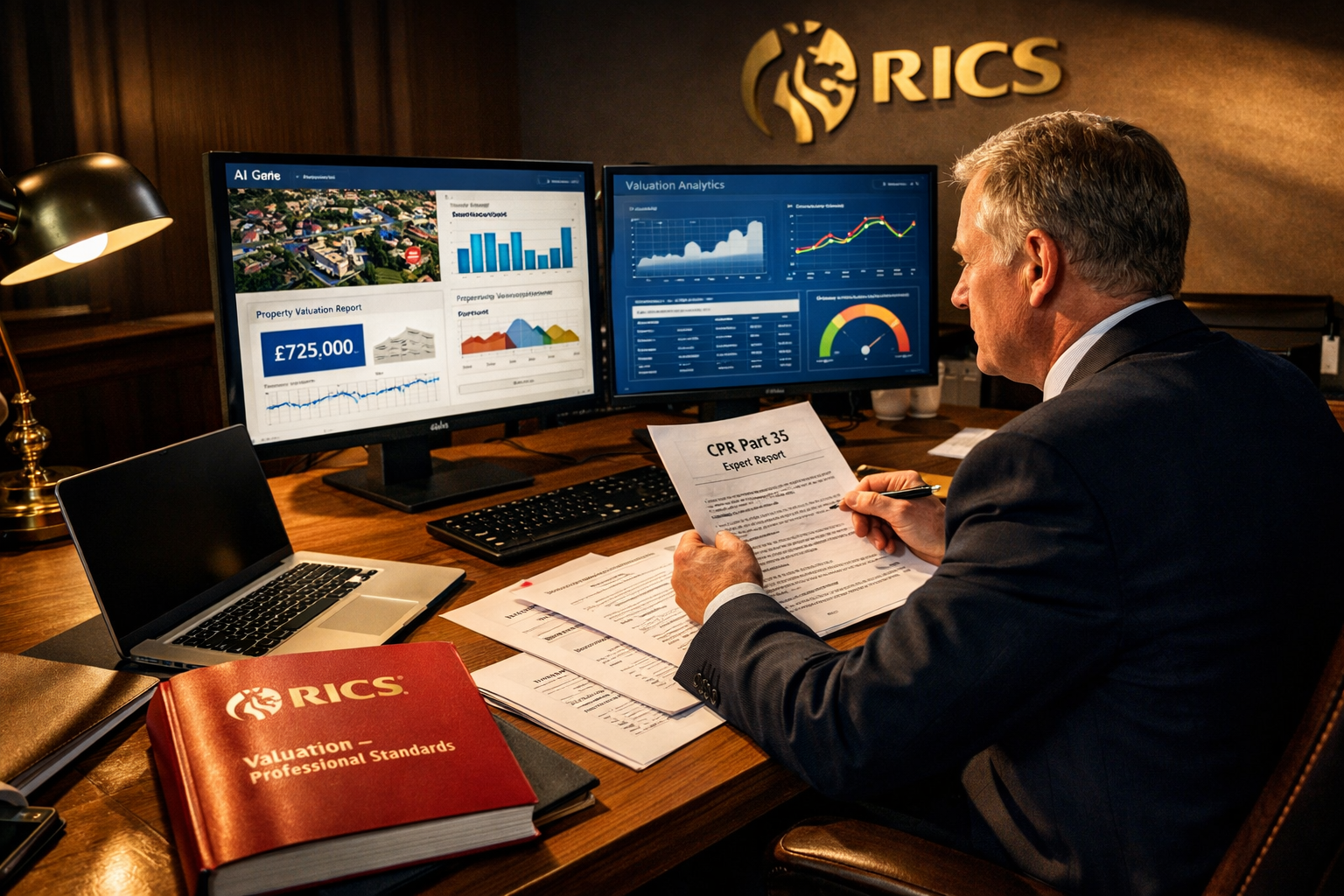 Wide-angle editorial photograph of a RICS-certified chartered surveyor in formal attire seated at a large oak desk,