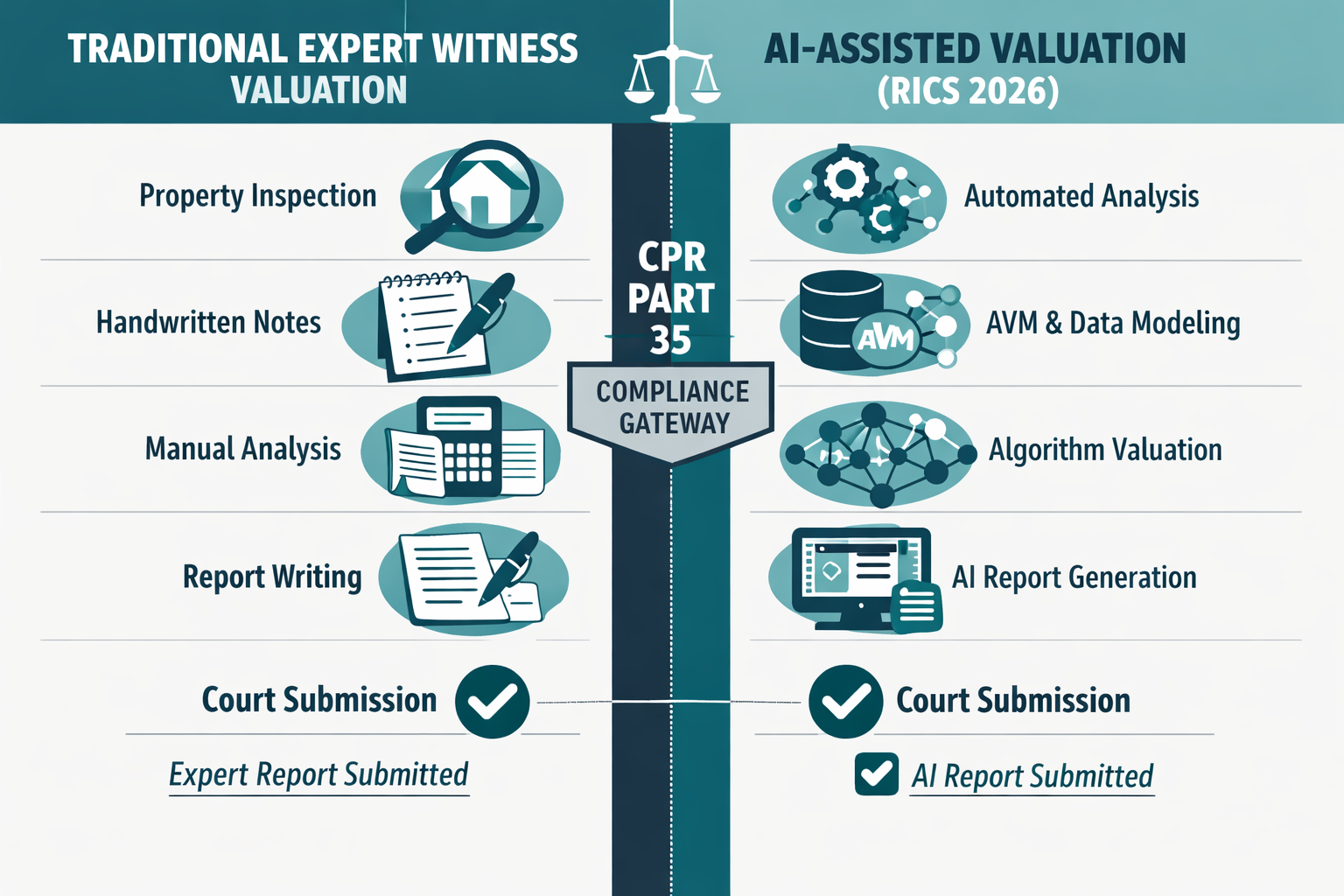 Infographic-style editorial illustration showing a vertical flowchart comparing traditional expert witness valuation