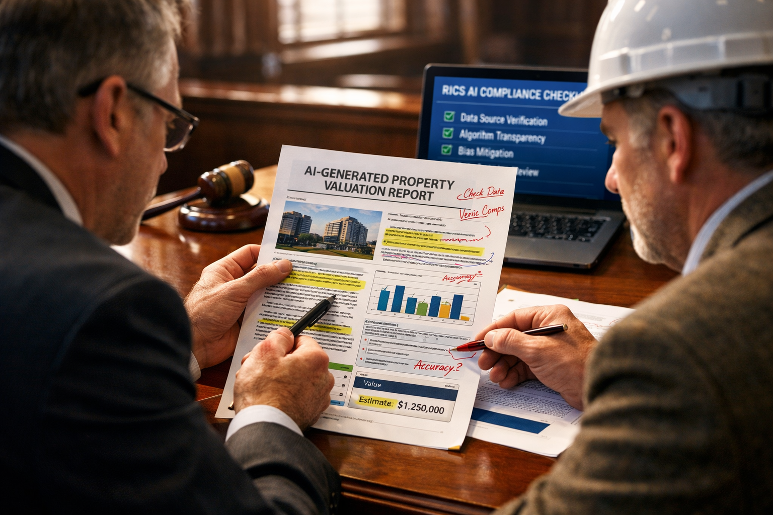 Close-up editorial photograph of a legal professional and a chartered surveyor sitting across a courtroom table, both