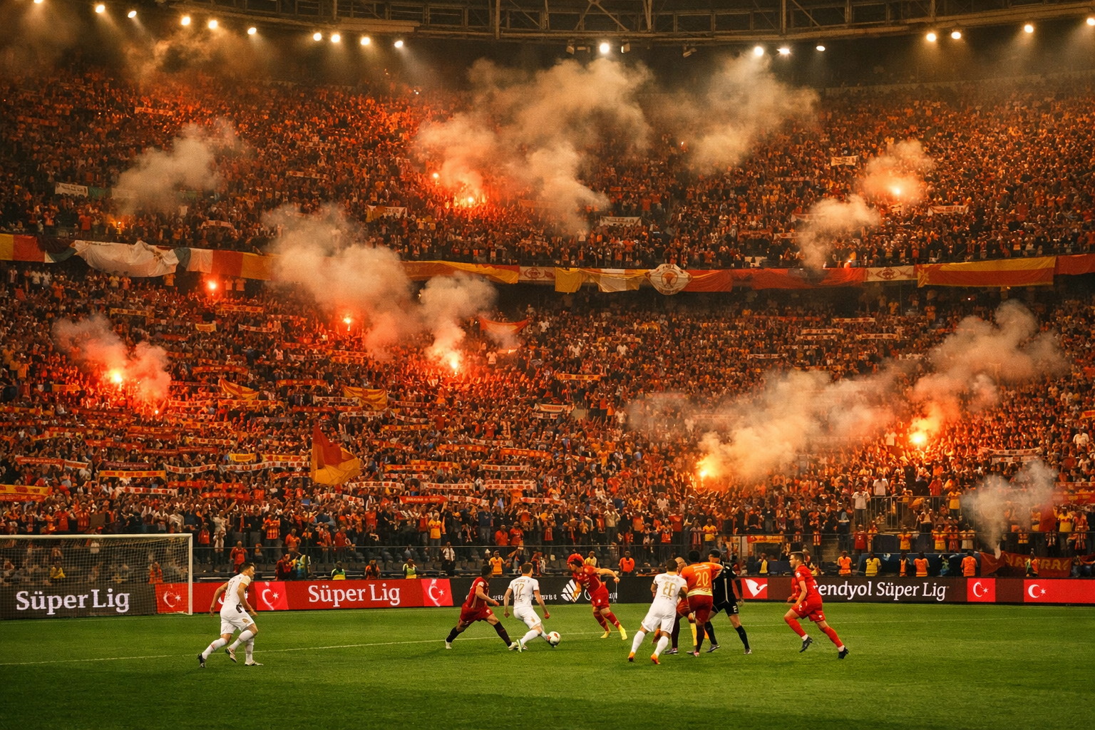 () editorial photograph of a vibrant Turkish football derby atmosphere inside a major Istanbul stadium, showing passionate