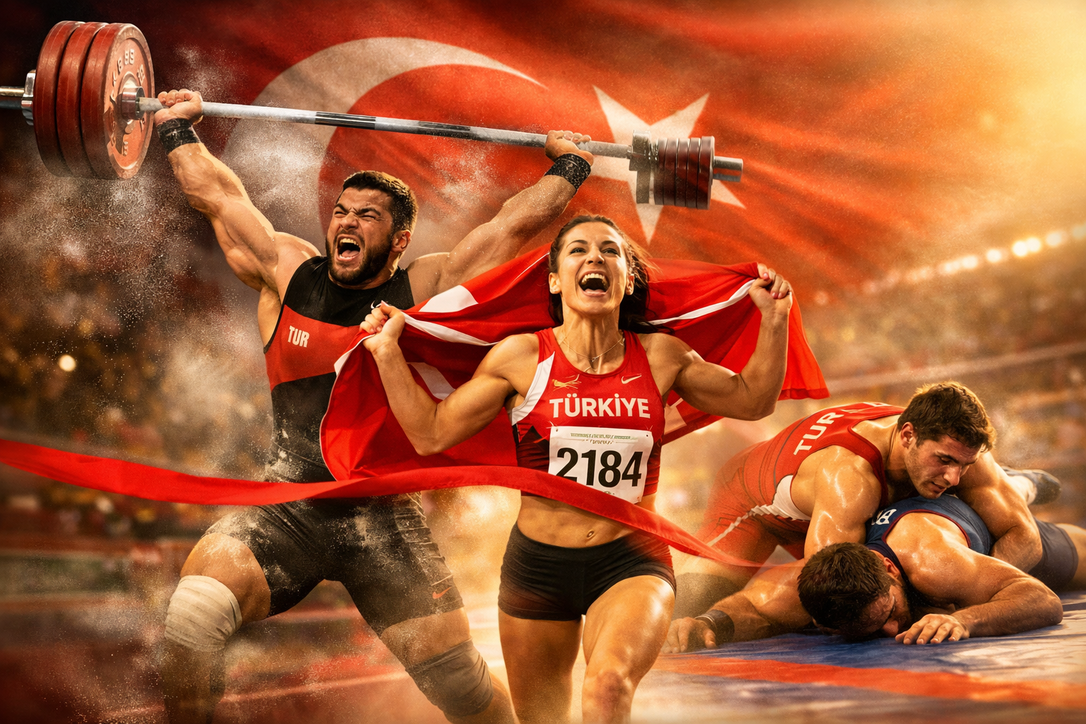 () editorial sports photography montage showing Turkish Olympic athletes in action: a weightlifter mid-lift with chalk dust