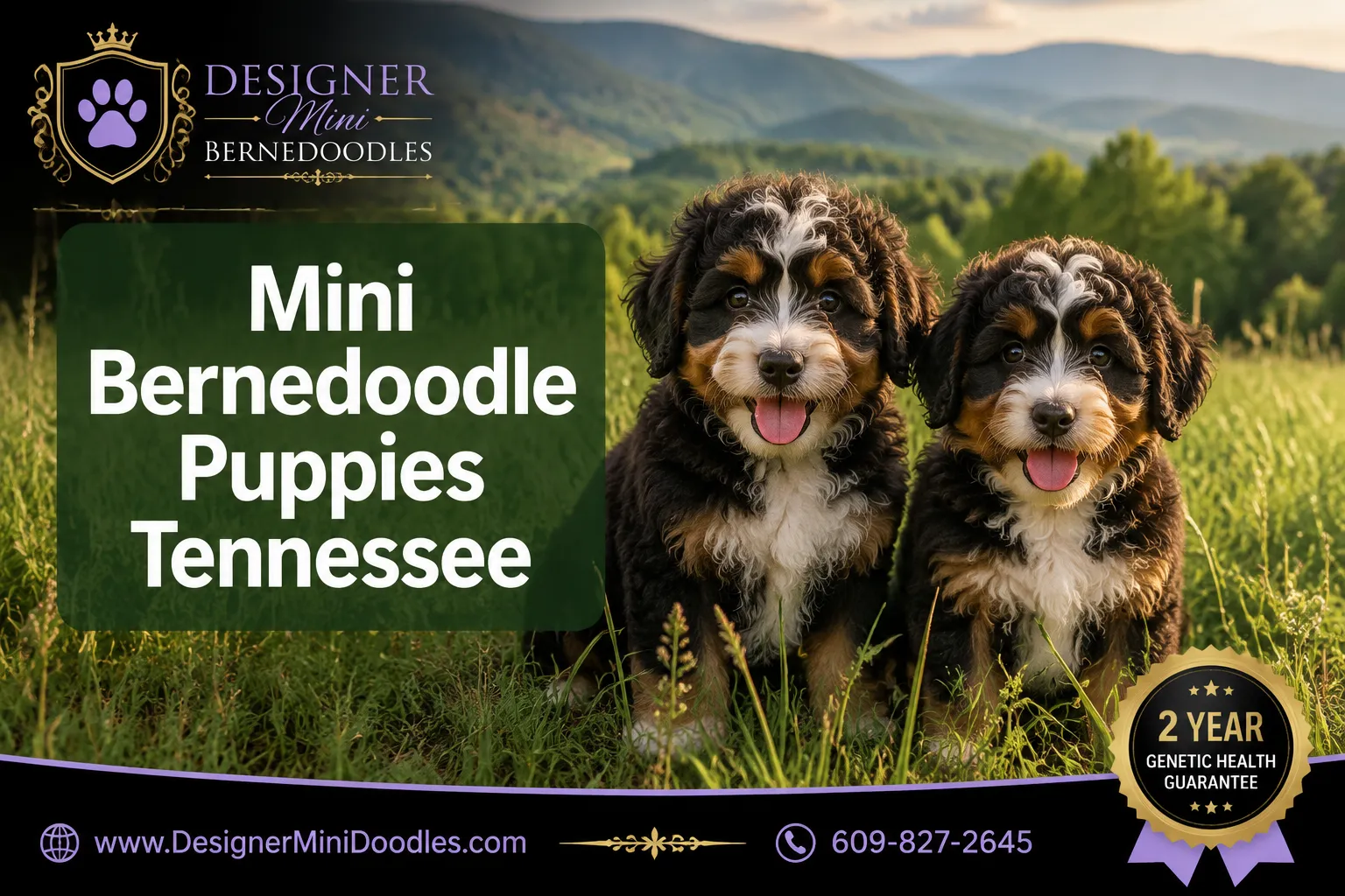 Professional () editorial hero image with 'Mini Bernedoodle Puppies Tennessee' in crisp white on a semi-transparent