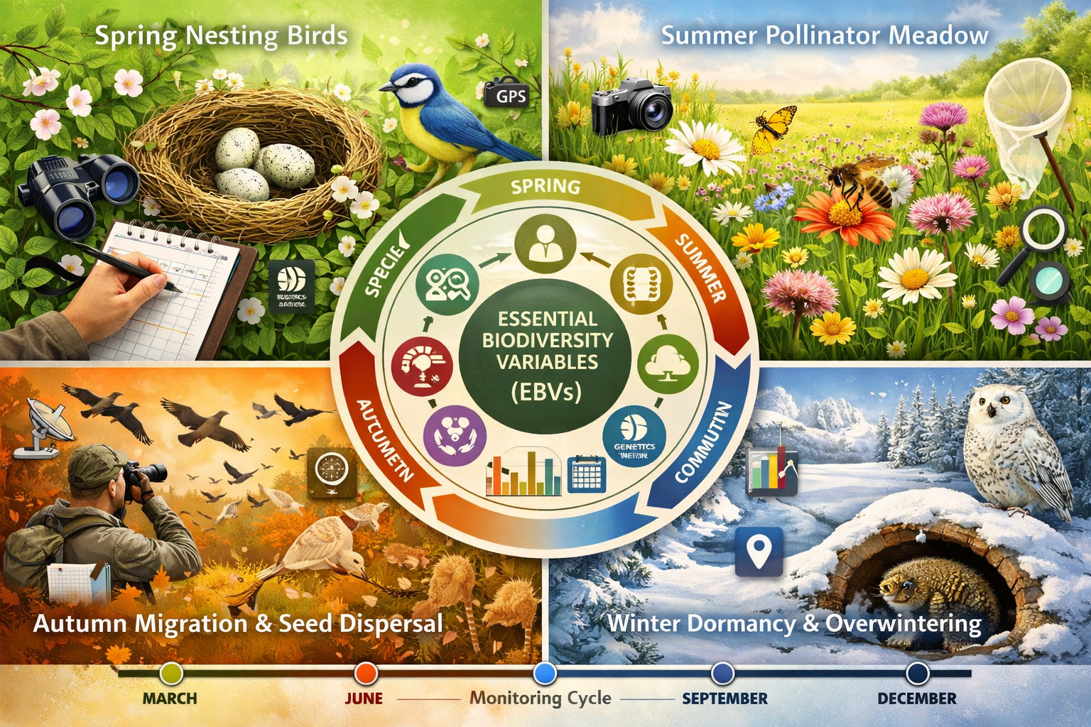 () detailed illustration showing four-season monitoring cycle in quadrant layout: spring nesting birds in top left, summer