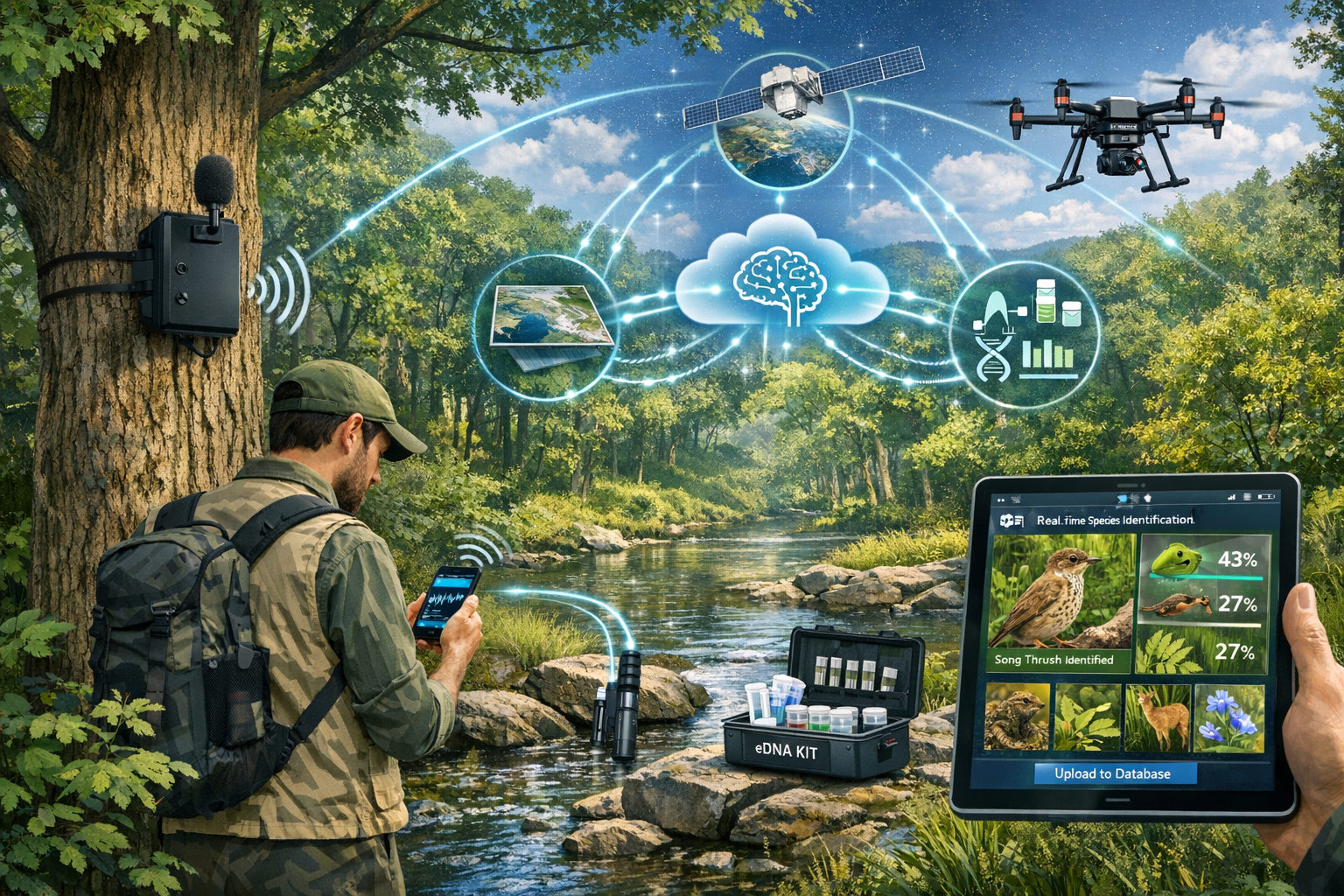 () technical visualization showing integrated biodiversity monitoring technology setup in natural woodland setting.