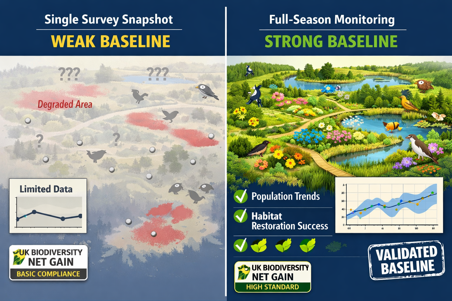() split-screen comparison image showing 'Weak Baseline vs Strong Baseline' concept. Left side labeled 'Single Survey