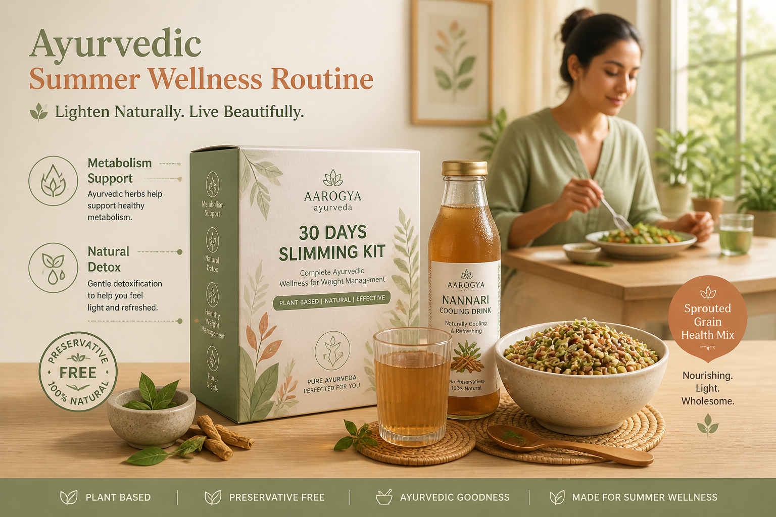 Detailed () editorial image illustrating an Ayurvedic summer wellness routine. On a clean wooden table sits the Aarogya 30