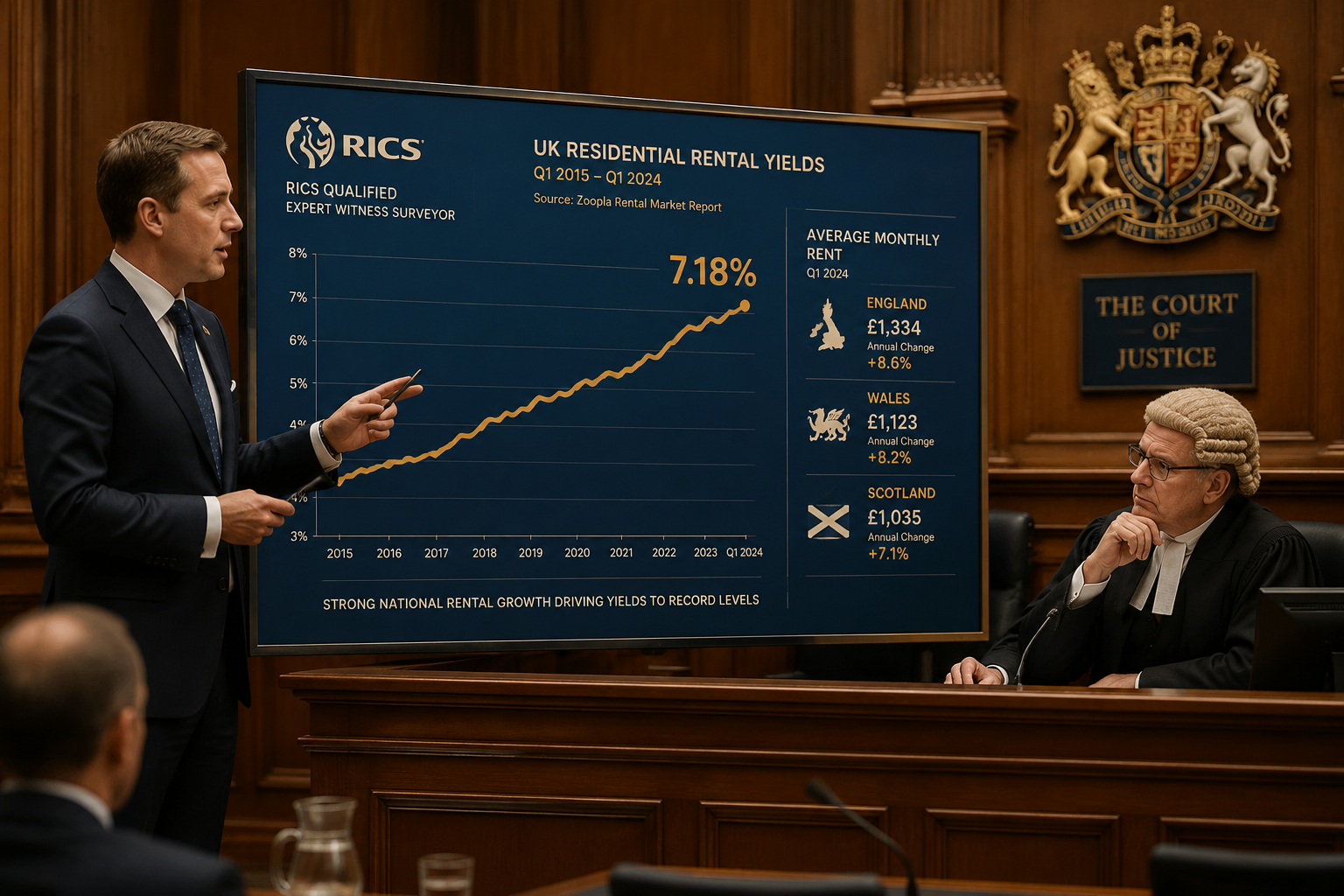 () editorial illustration showing a RICS-qualified expert witness surveyor in formal attire presenting a large data chart to
