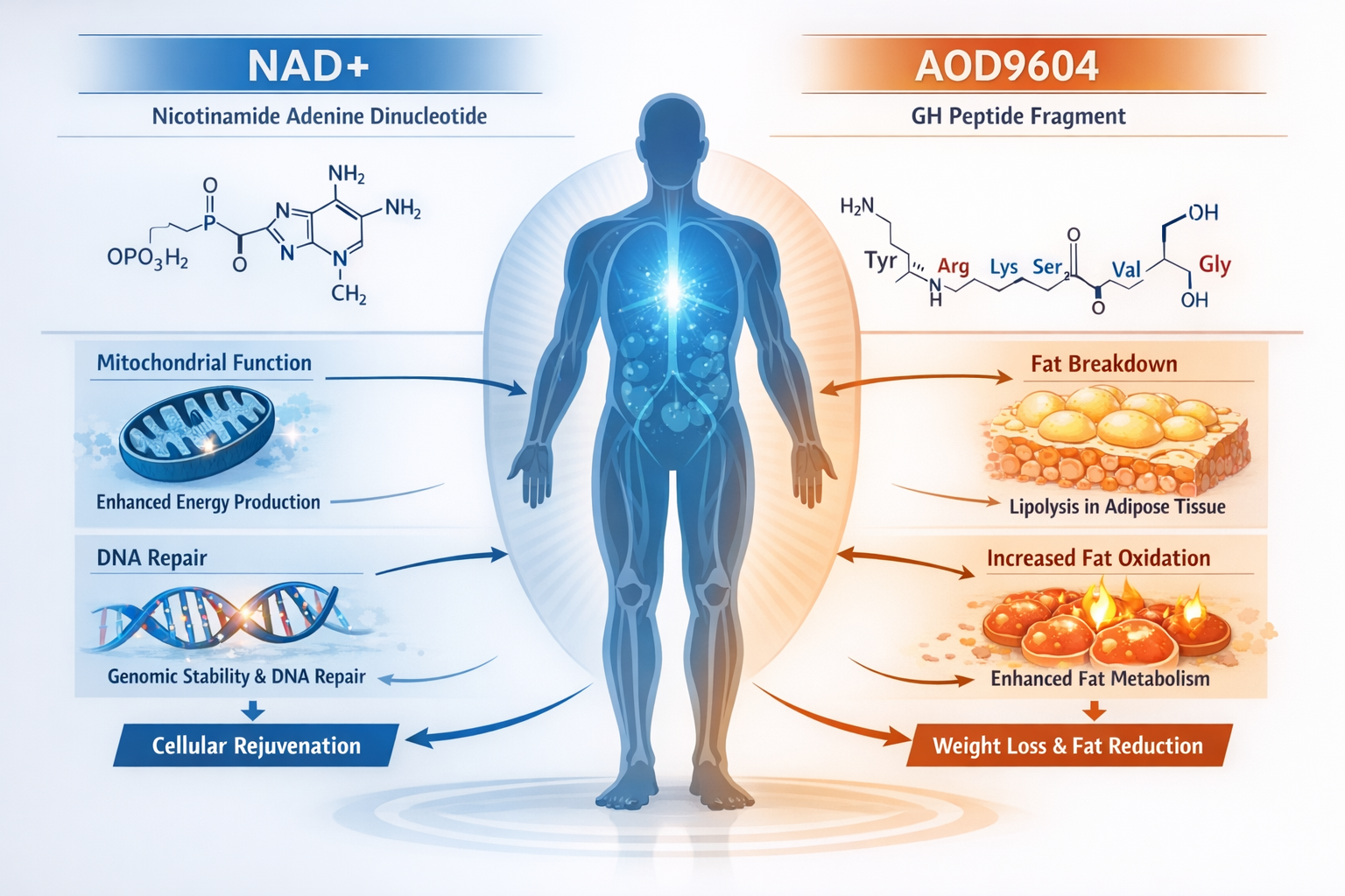 Scientific infographic illustrating the distinct cellular mechanisms of NAD+ (Nicotinamide Adenine Dinucleotide) and AOD9604 (Growth Hormone