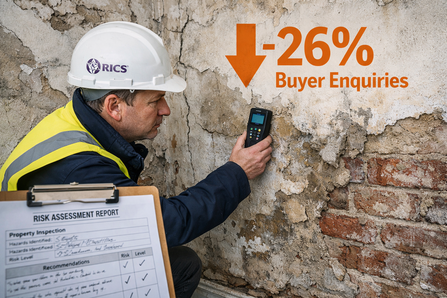 Wide-angle editorial photograph of a RICS chartered surveyor examining structural cracks and damp patches on an interior