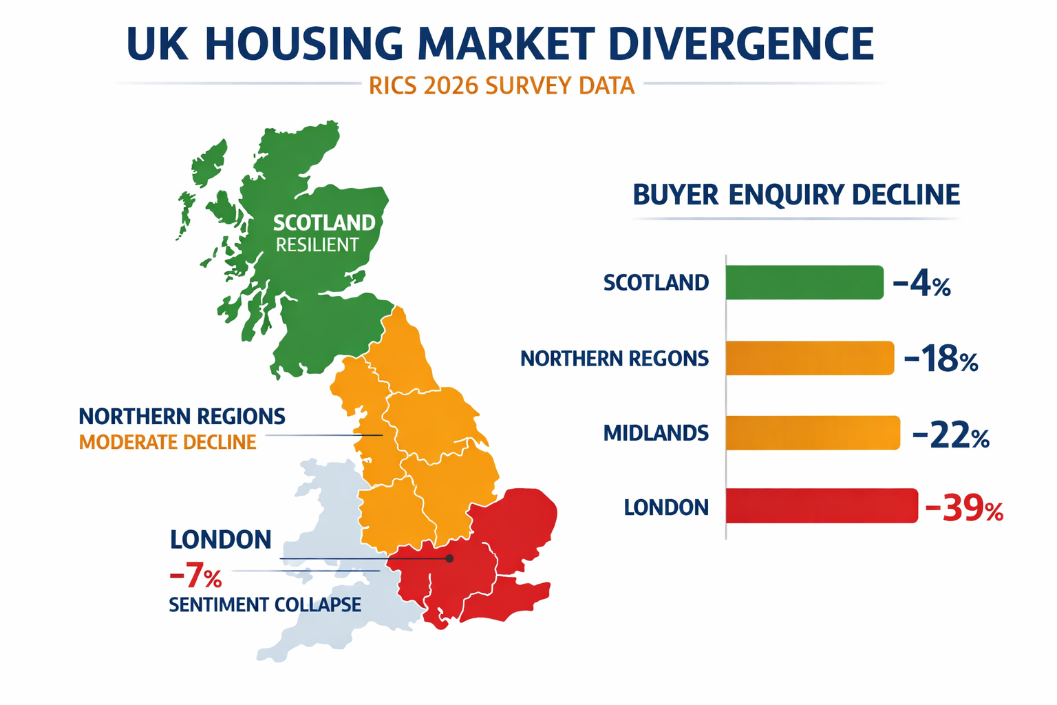 Clean data visualization infographic in showing a UK regional map with color-coded price divergence zones: London in deep