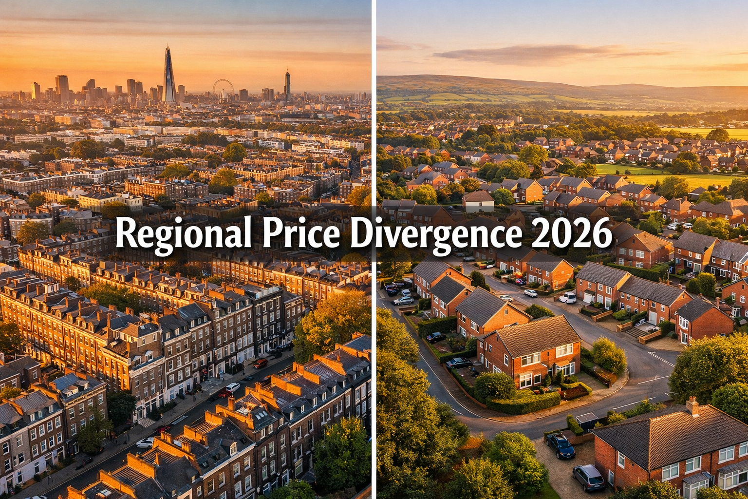 Aerial drone-style editorial photograph of contrasting UK property landscapes side by side: a dense London urban streetscape