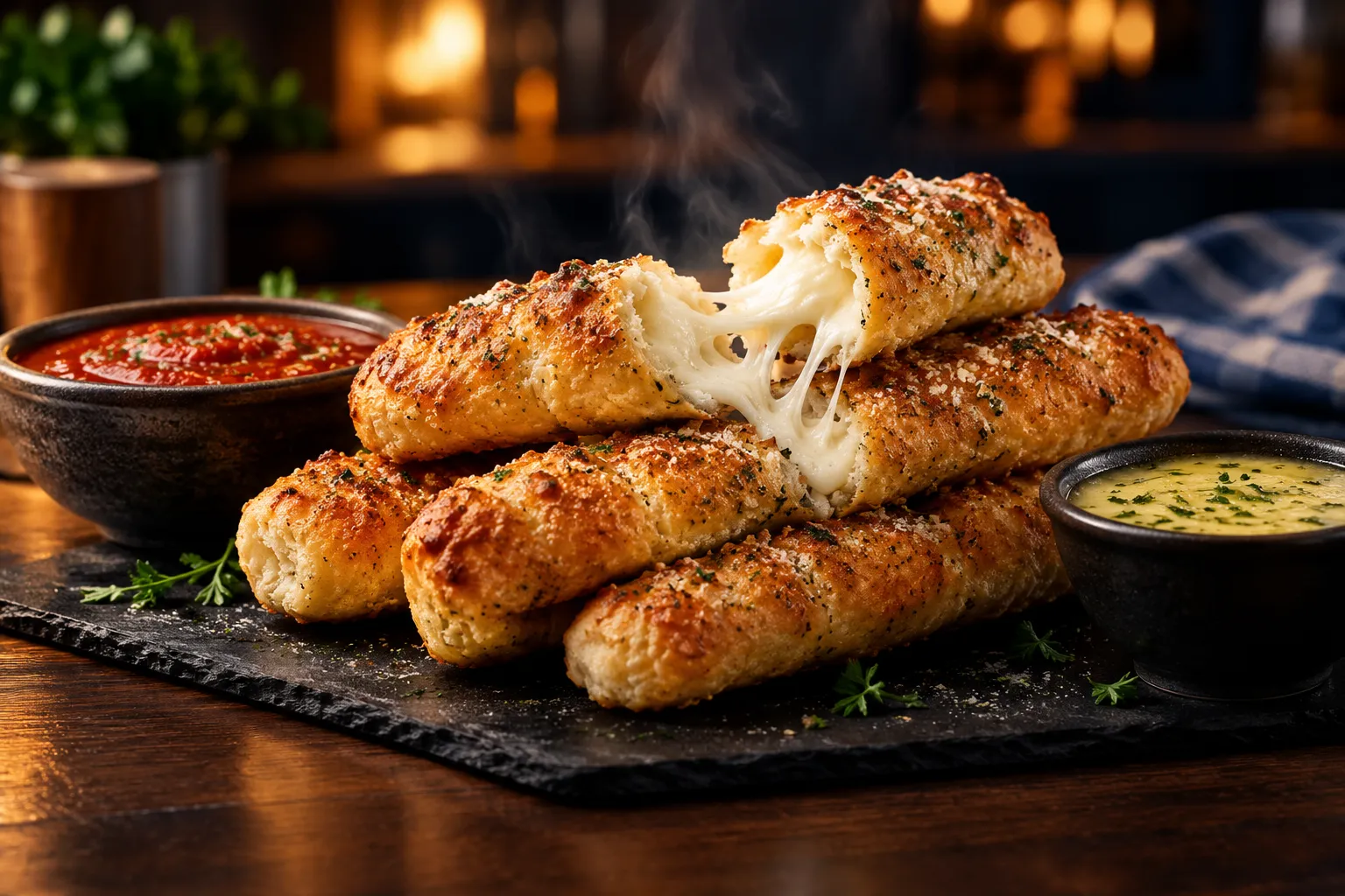 () editorial hero shot of four golden-brown stuffed breadsticks stacked on a dark slate plate, steam rising, melted