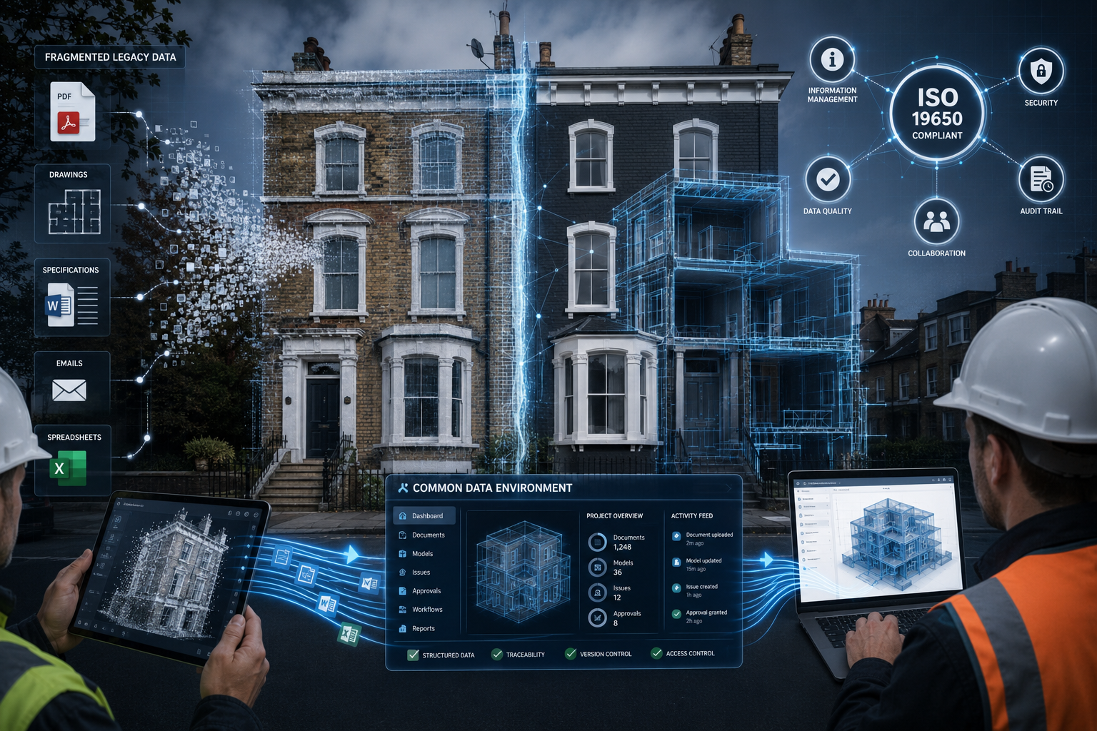 Wide-angle editorial illustration showing two adjacent London townhouses with a shared party wall, overlaid with a
