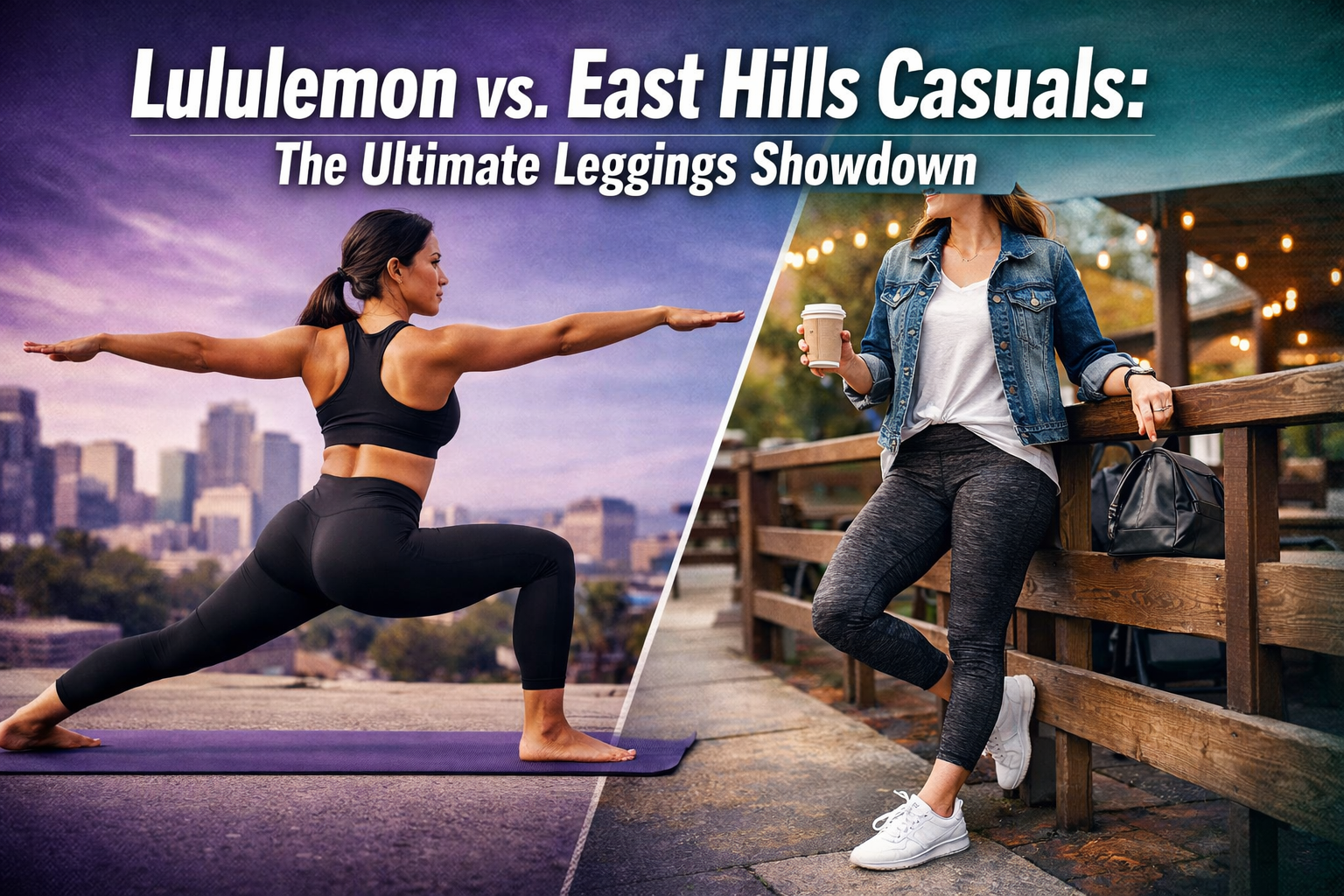 Professional landscape hero image (1536x1024) featuring bold text overlay 'Lululemon vs. East Hills Casuals: The Ultimate Leggings Showdown'
