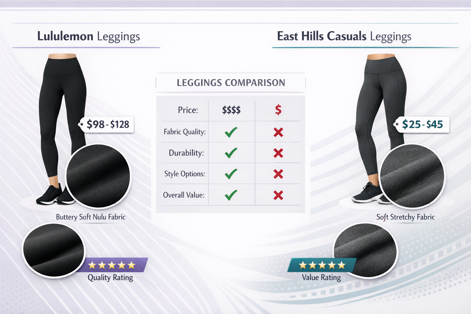 Detailed comparison infographic landscape image (1536x1024) showing side-by-side visual breakdown of Lululemon leggings versus East Hills Ca