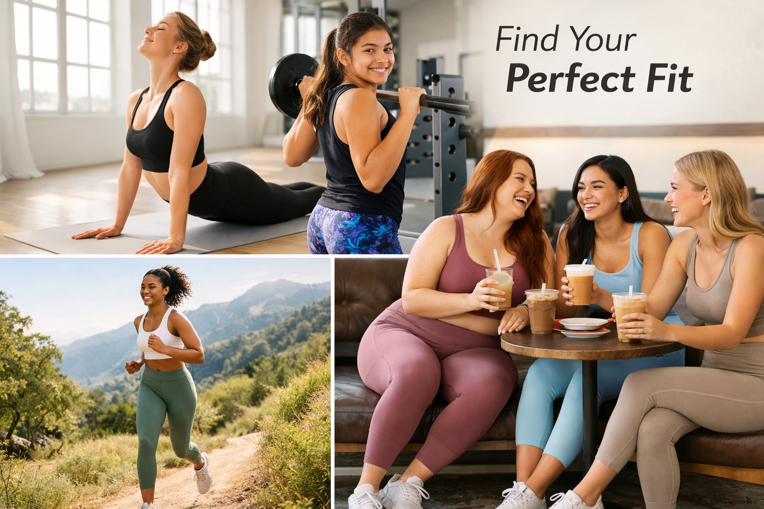 Lifestyle landscape image (1536x1024) showcasing diverse group of young women and teen girls wearing various styles of athletic leggings in