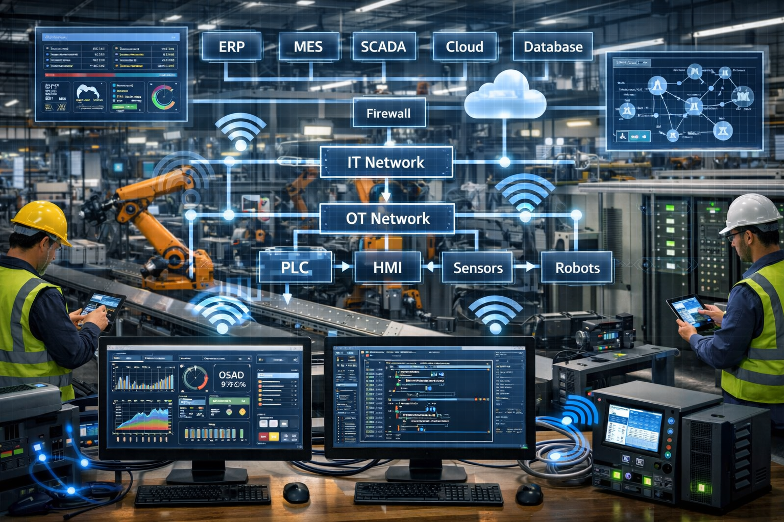 Industrial manufacturing floor showing convergence of IT and OT systems with detailed network diagram overlay, computer workstations connect