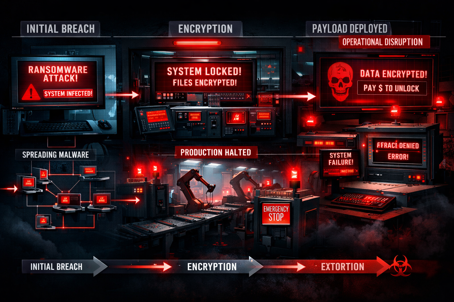 Cybersecurity threat visualization in manufacturing context showing ransomware attack progression, computer screens with encrypted file warn