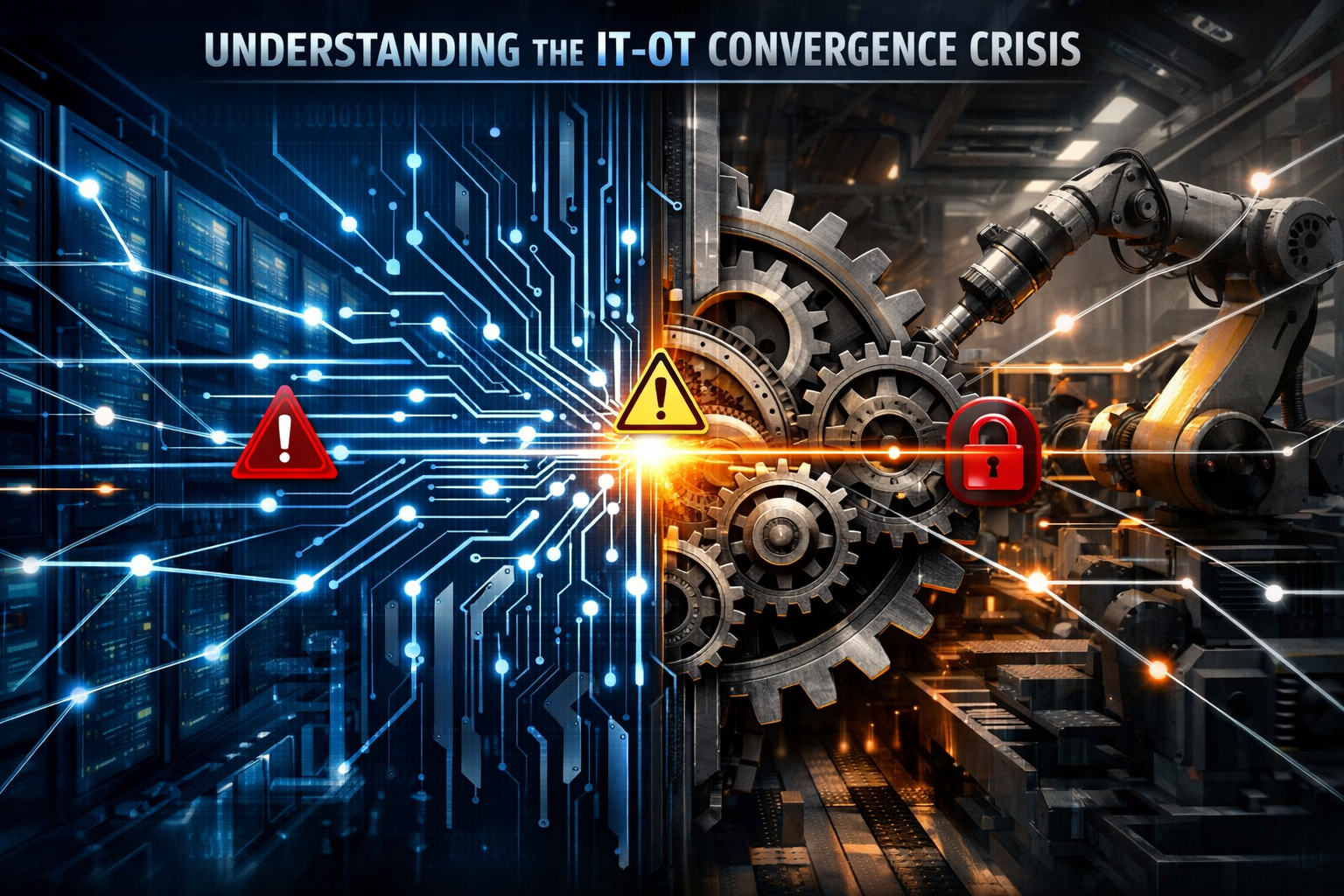 Conceptual editorial illustration depicting IT and OT systems converging, representing 'Understanding the IT-OT Convergence Crisis'. Split i