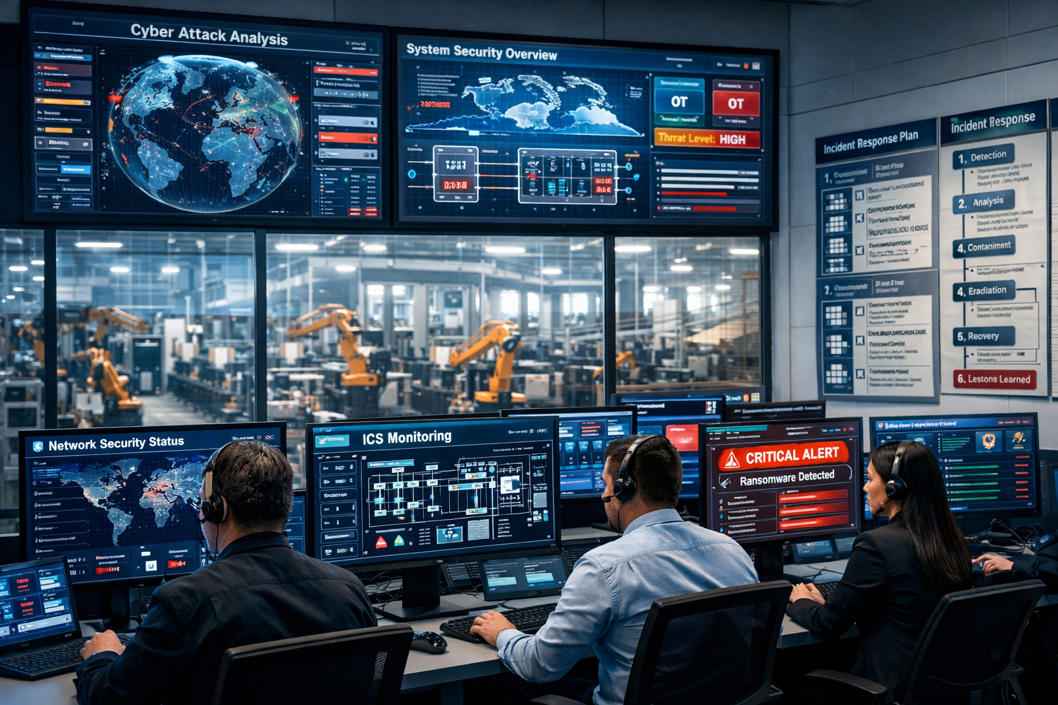 Manufacturing facility command center showing comprehensive cybersecurity monitoring, multiple screens displaying network security status, i