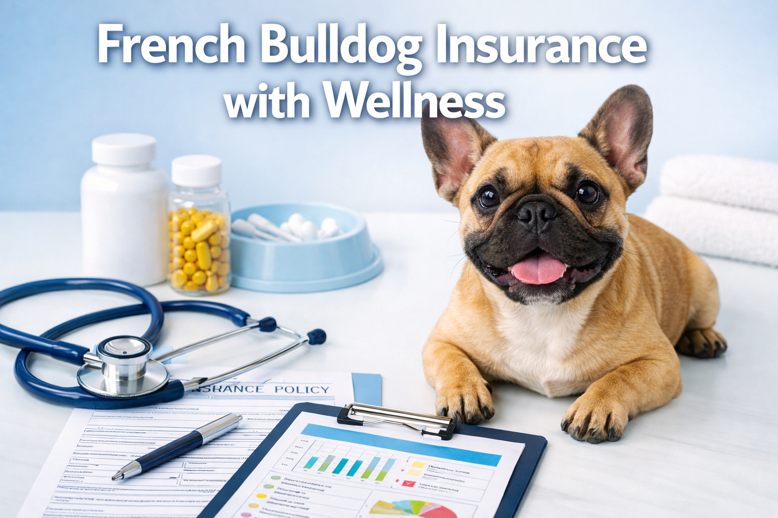 Professional landscape format (1536x1024) hero image featuring bold text overlay 'French Bulldog Insurance with Wellness' in extra large 72p