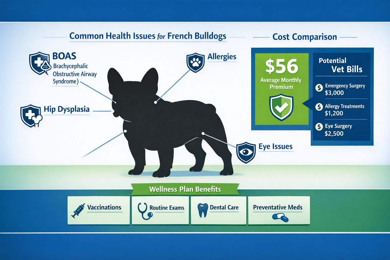 Landscape format (1536x1024) infographic showing French Bulldog silhouette with common health conditions labeled (BOAS, hip dysplasia, aller