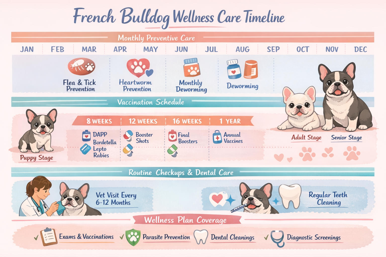 Landscape format (1536x1024) wellness care timeline infographic for French Bulldogs showing monthly preventive care schedule, vaccination ti