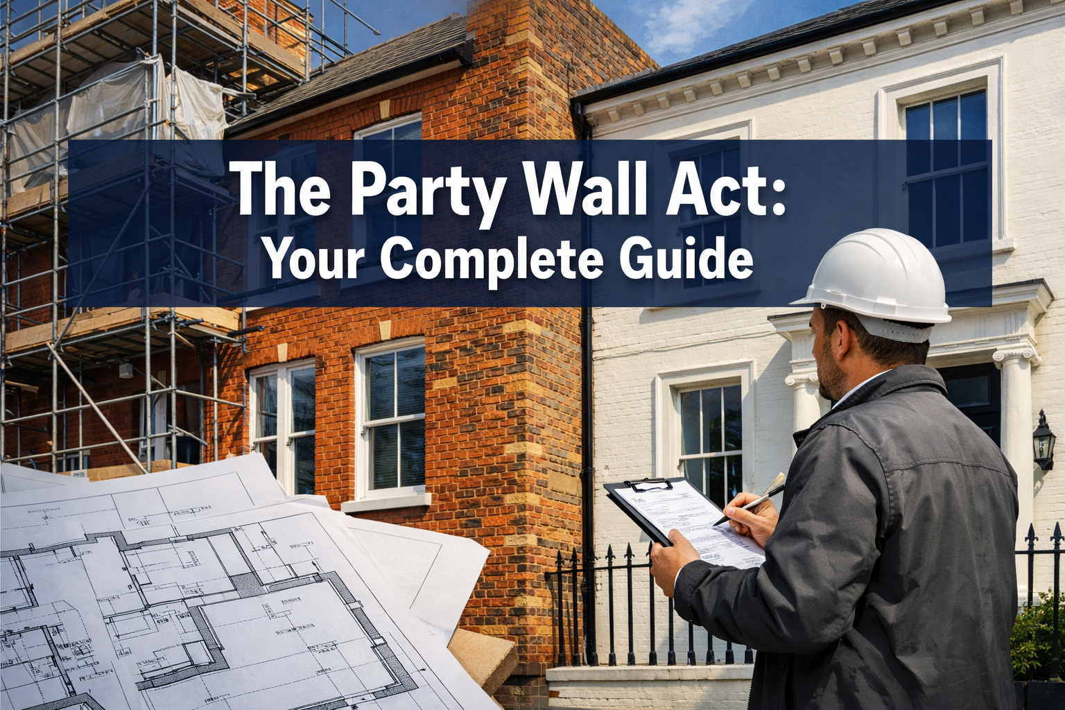 Professional landscape hero image (1536x1024) featuring bold text overlay 'The Party Wall Act: Your Complete Guide' in extra large 72pt whit
