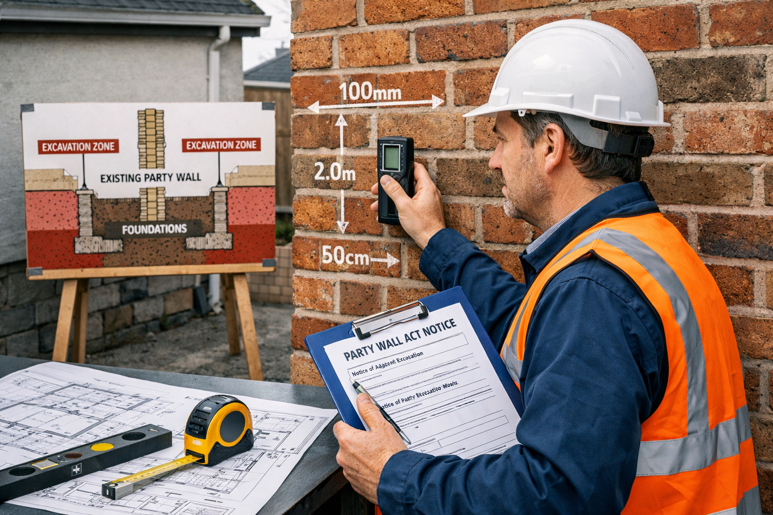 Detailed editorial landscape image (1536x1024) showing professional party wall surveyor in hard hat and hi-vis vest conducting property insp