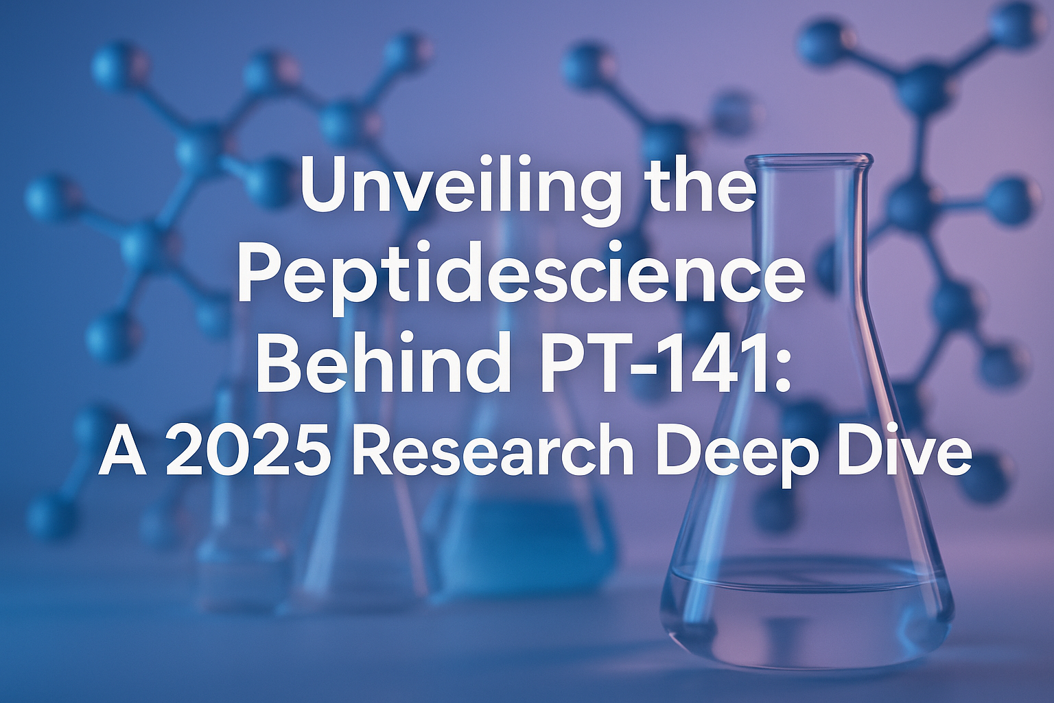 Professional landscape hero image (1536x1024) with bold text overlay: 'Unveiling the Peptidescience Behind PT-141: A 2025 Research Deep Dive