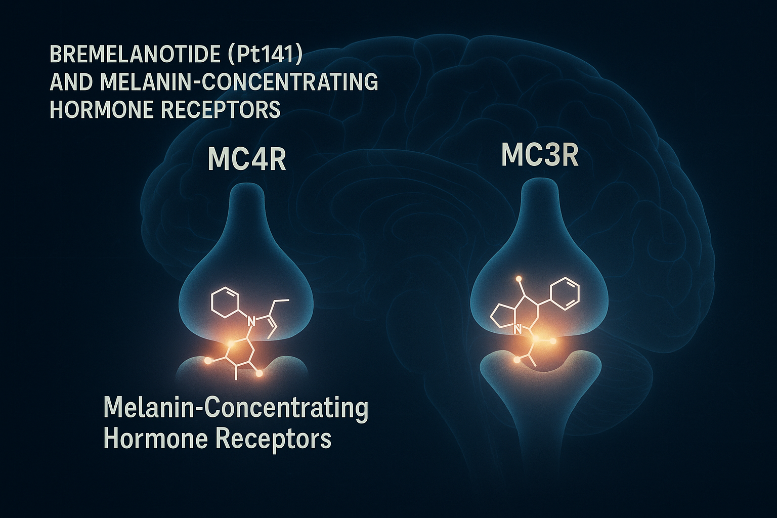 Conceptual illustration of the melanocortin receptor system within the brain, highlighting MC4R and MC3R, with a stylized representation of 