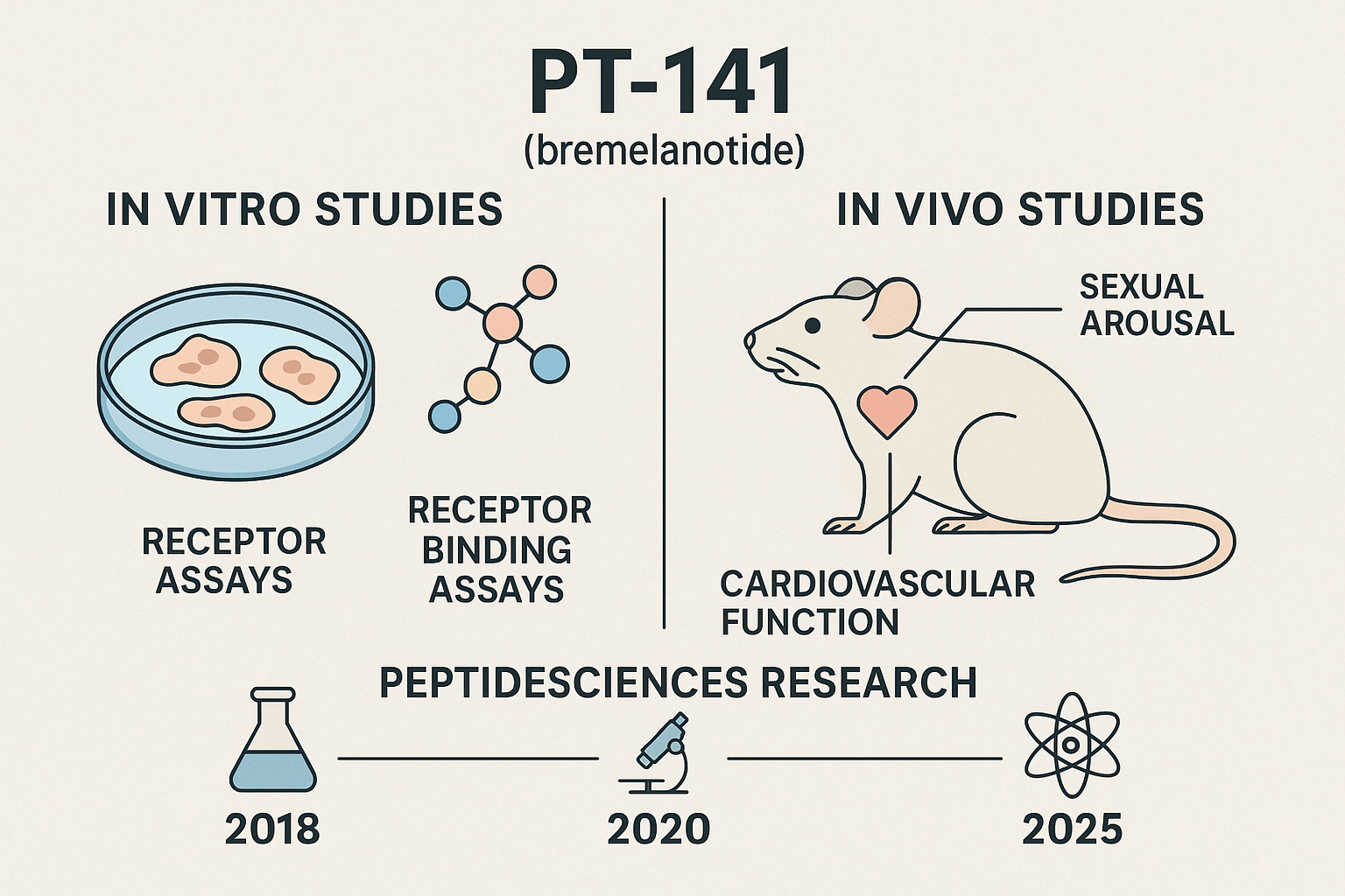 Infographic comparing the in-vitro and in-vivo research methodologies used for studying Pt141 (bremelanotide). One side shows a petri dish w