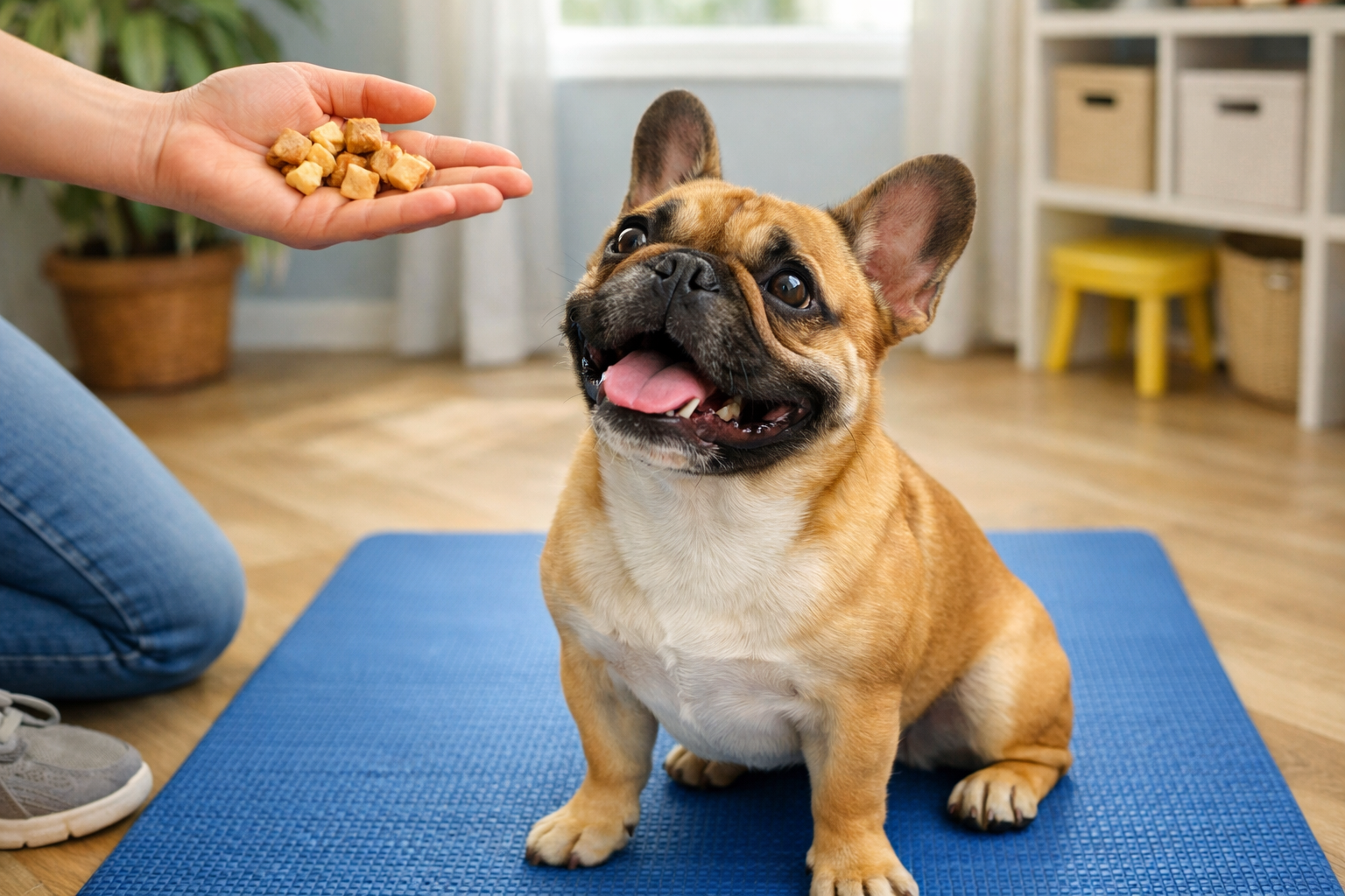 Portrait format (1024x1536) image of successful positive reinforcement training moment with French Bulldog eagerly sitting and making eye co