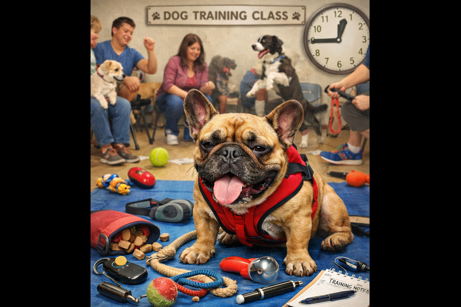 Portrait format (1024x1536) image depicting common French Bulldog training mistakes - overcrowded training session with too many distraction