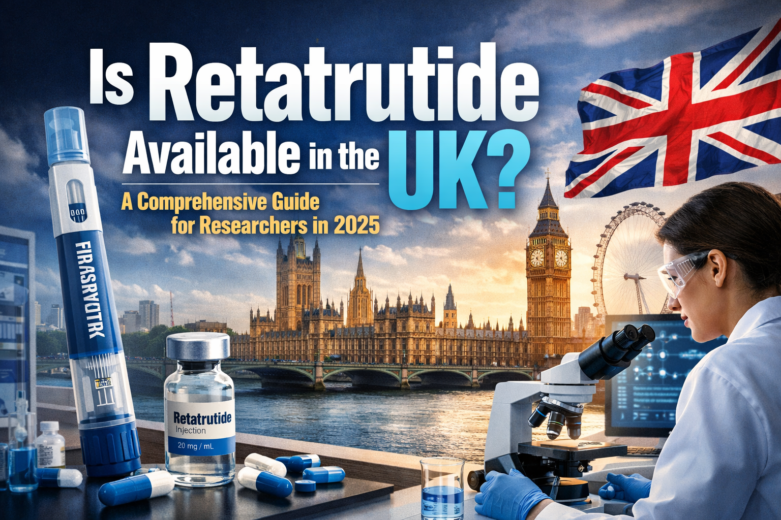 Professional landscape hero image (1536x1024) with bold text overlay: "Is Retatrutide Available in the UK? A Comprehensive Guide for Researc