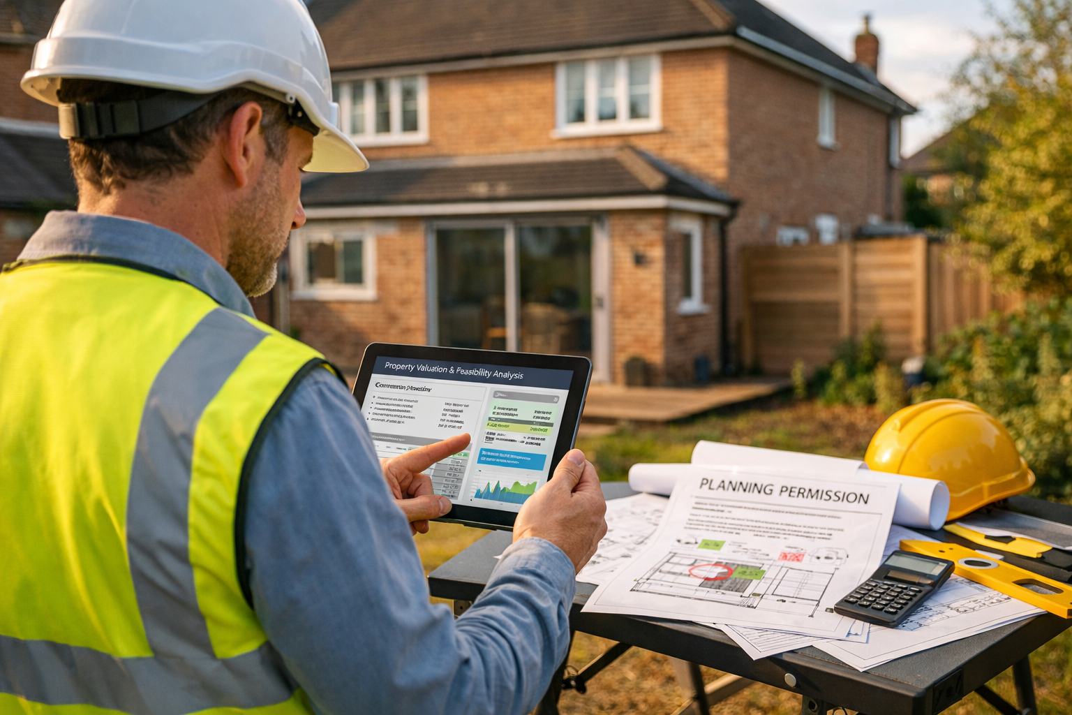 () editorial image showing professional surveyor conducting site analysis at development property, wearing high-visibility
