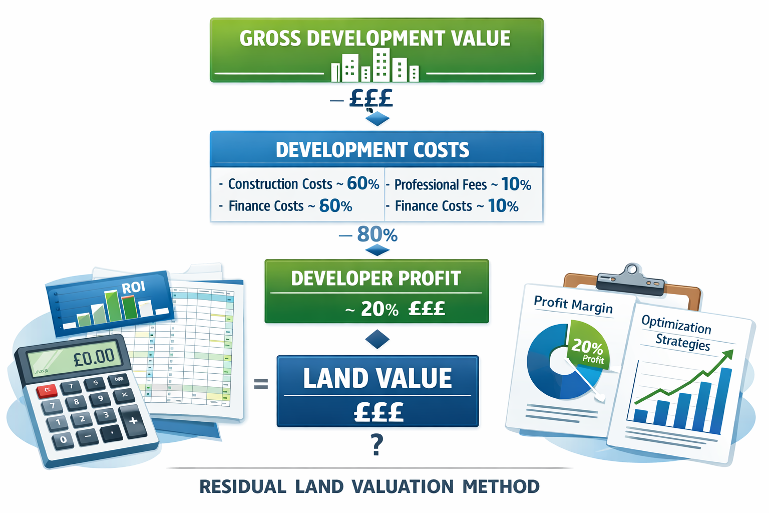 () detailed infographic illustration displaying residual land valuation method flowchart with interconnected boxes showing: