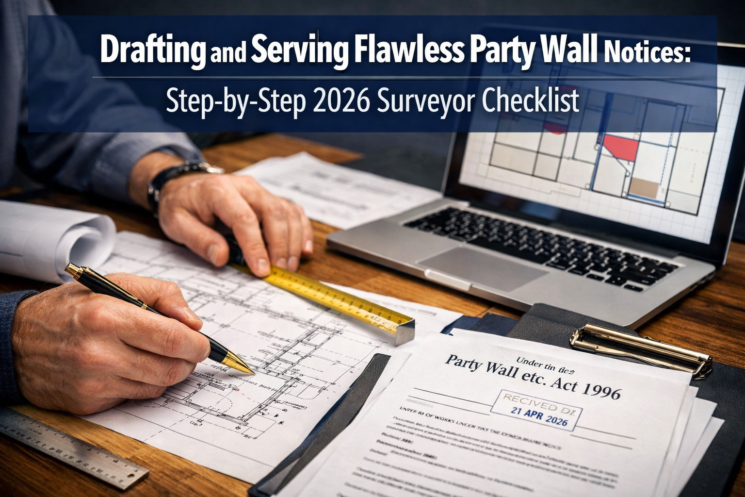 Professional () hero image featuring 'Drafting and Serving Flawless Party Wall Notices: Step-by-Step 2026 Surveyor