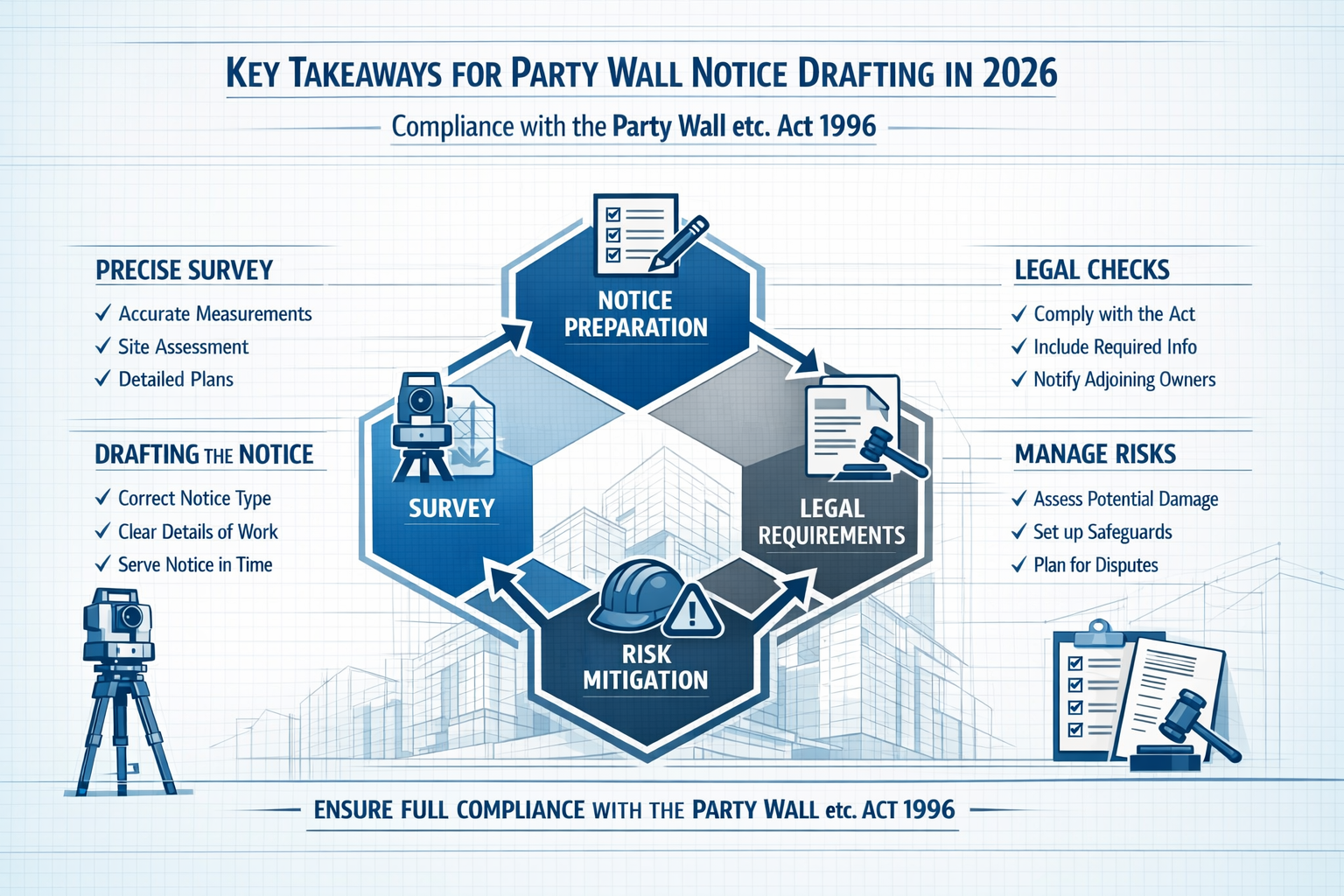 Comprehensive editorial-style infographic visualizing 'Key Takeaways' for Party Wall Notice drafting in 2026, featuring a