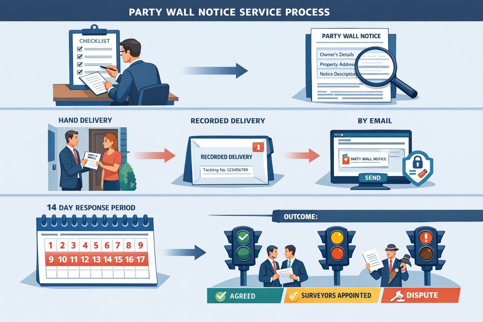 () step-by-step visual flowchart illustrating the complete party wall notice service process from start to finish. Top row