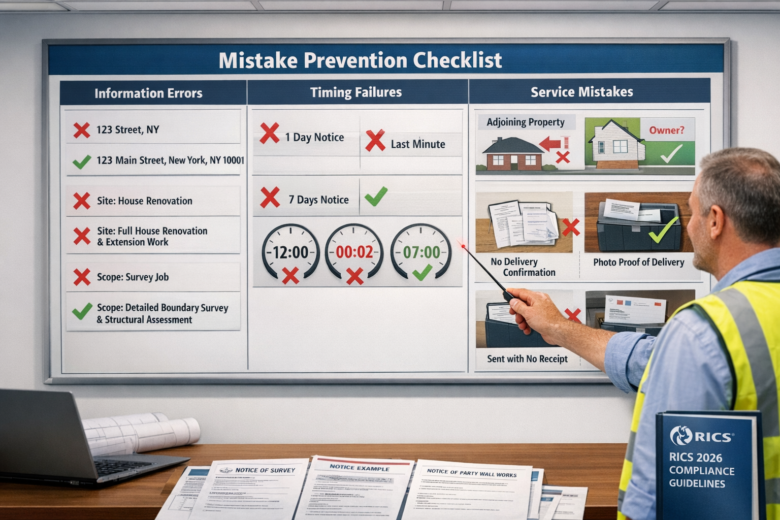 () detailed mistake prevention checklist visualization displayed as large wall-mounted board in modern surveyor's office.