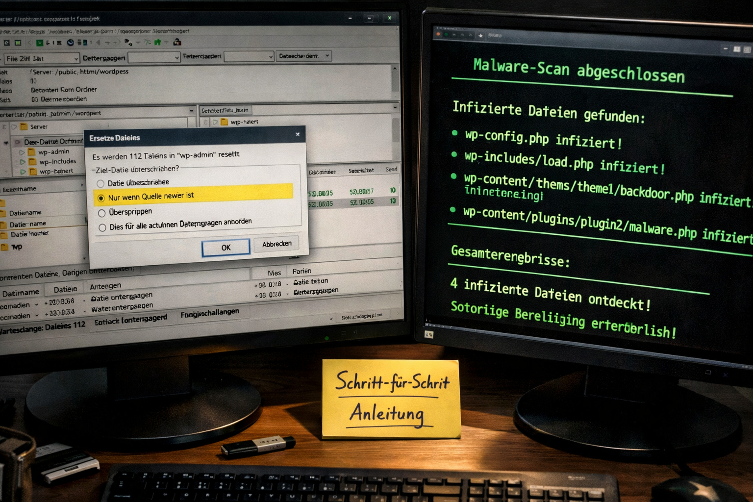 () close-up overhead shot of a developer's desk with dual monitors: left screen shows FTP client with highlighted wp-admin