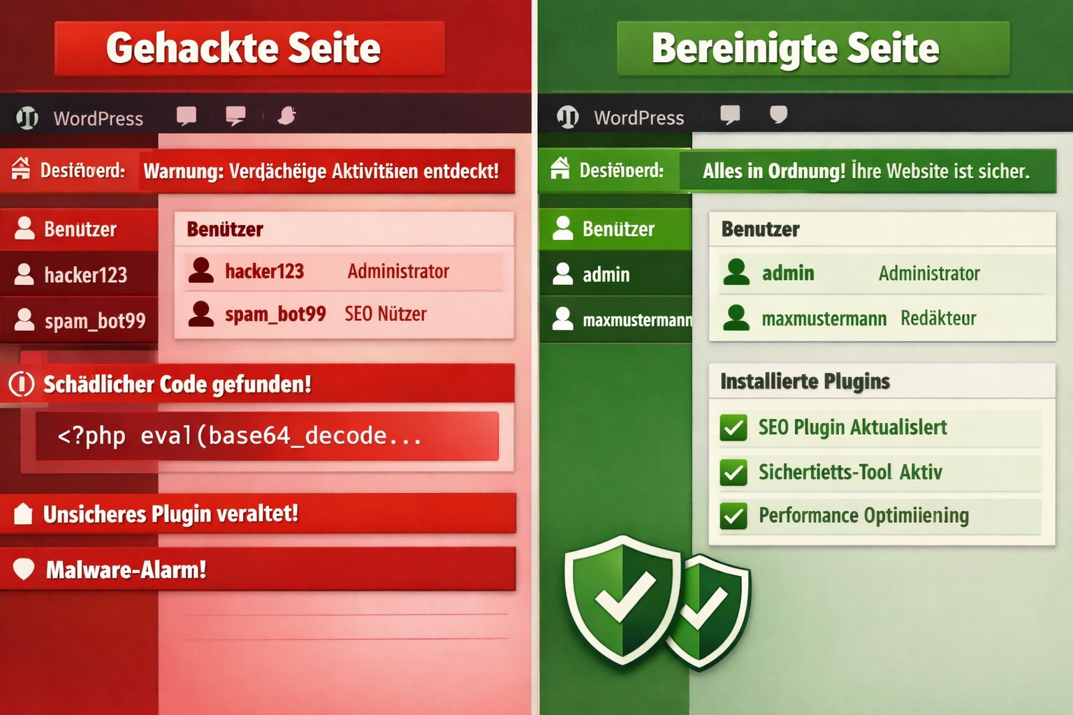 () split-screen comparison visual: left panel labeled 'Gehackte Seite' shows red-tinted WordPress dashboard with suspicious